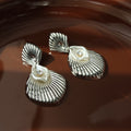 Gold and Silver Ribbed Shell Clear Accent Statement Earrings view 2