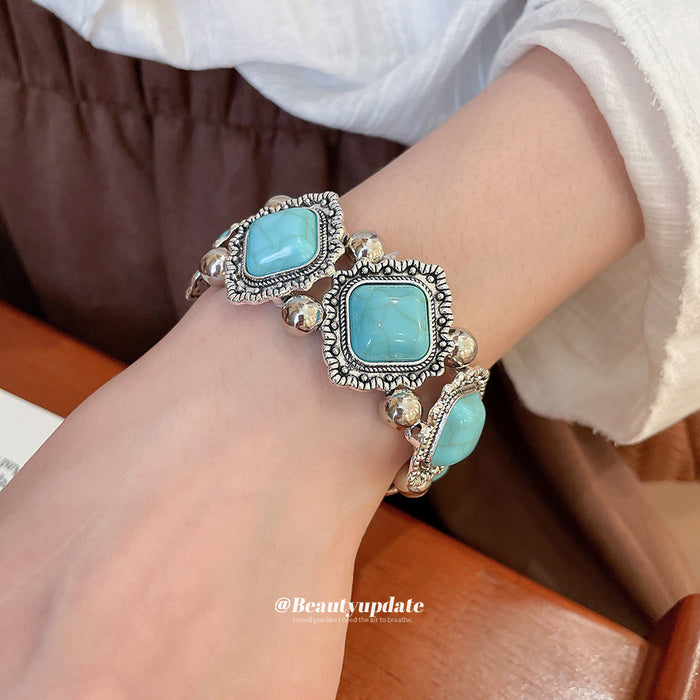 Silver Tone Geometric Diamond Cabochon Stretch Bracelet 4 Colors