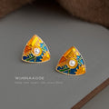 Gold Triangle Enamel Landscape Stud Earrings Pearl Center view 3