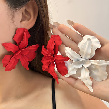 White and Red Layered Ruffled Flower Statement Earrings