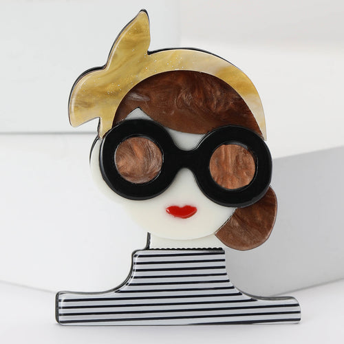 Acrylic Woman in Sunglasses Brooch with Striped Top grouped product view