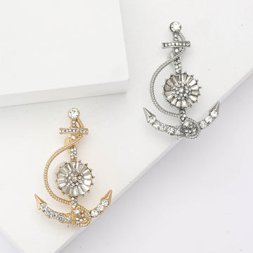 Anchor and Ship Wheel Rhinestone Brooch in Silver and Gold