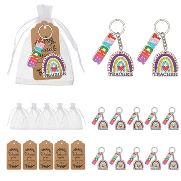 Teacher Rainbow Heart Dual Charm Wood Keychain Metal Ring