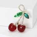 Double Red Cherry Brooch With Green Leaves and Crystal Stems view 1