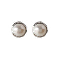 Silver Tone Irregular Rippled Round Frame White Pearl Stud Earrings view 5