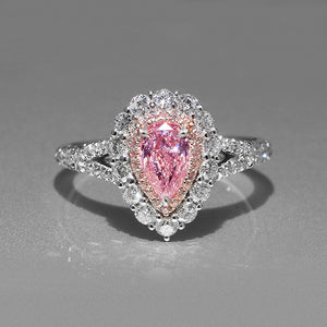 Pink Pear-Shaped Double-Halo Ring In Polished Silver Tone