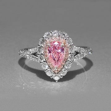 Pink Pear-Shaped Double-Halo Ring In Polished Silver Tone