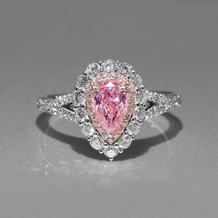 Pink Pear-Shaped Double-Halo Ring In Polished Silver Tone