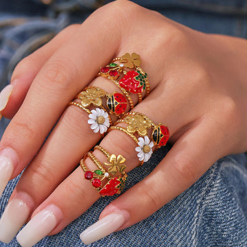 Daisy Ladybug and Strawberry Cherry Open Rings in Two Tones