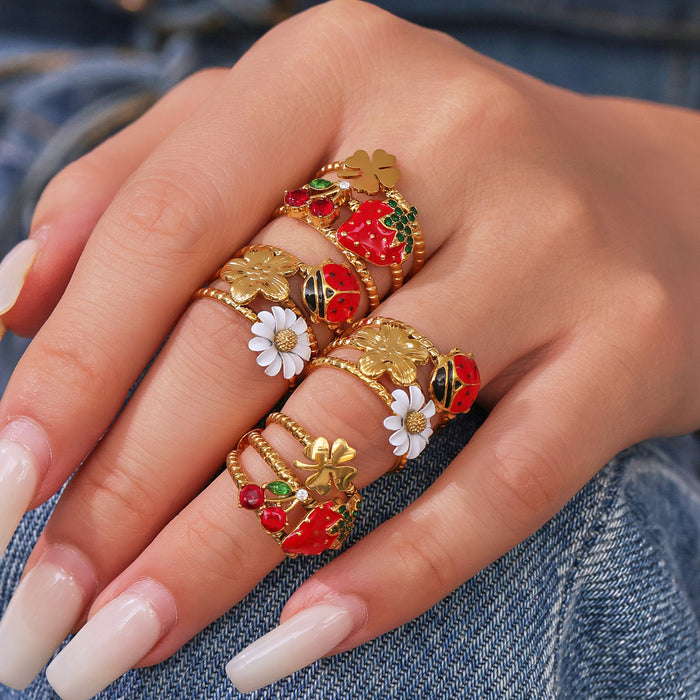 Daisy Ladybug and Strawberry Cherry Open Rings in Two Tones