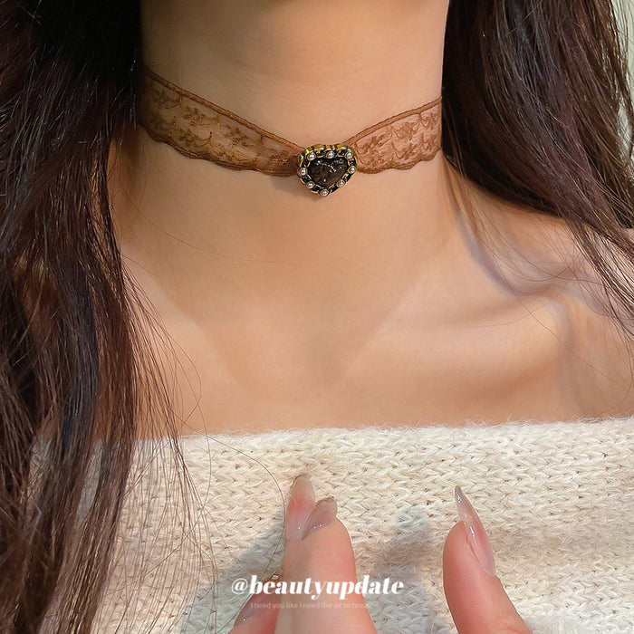 Brown Lace Heart Choker with Antique Gold Tone Setting