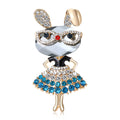 Gold Tone Rhinestone Bunny Girl Brooch Blue Red Skirt view 1