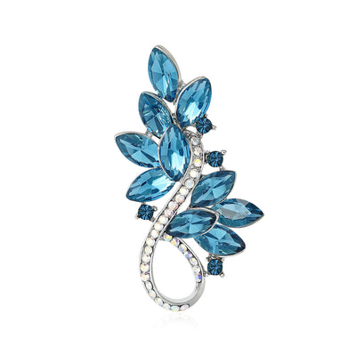 Teal blue crystal leaf spray brooch silver tone