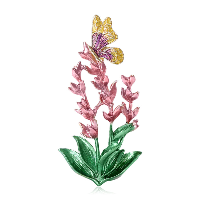 Butterfly on Flower Spike Enamel Brooch in Pink or Purple
