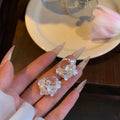 White Pearl and Crystal Floral Basket Hoop Earrings view 3