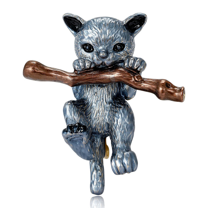 Playful Cat on Branch Brooch in Gray or White Enamel