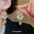 Pink Crystal Chandelier Earrings with Beaded Fringe view 4