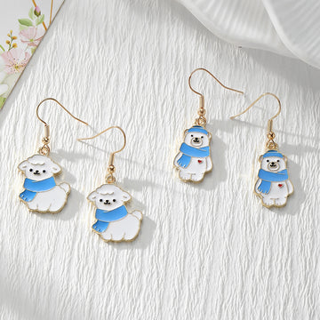 Gold Tone Scarf-Wearing Polar Bear and Alpaca Drop Earrings