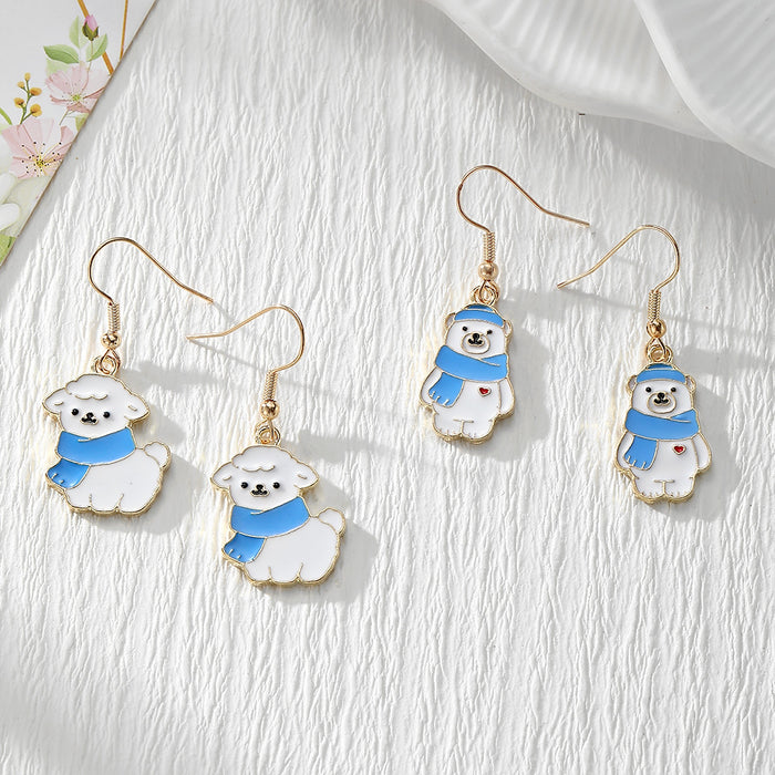 Gold Tone Scarf-Wearing Polar Bear and Alpaca Drop Earrings