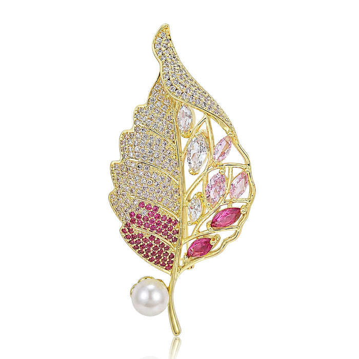 Openwork Gold Tone Leaf Brooch with Crystals in Three Colors