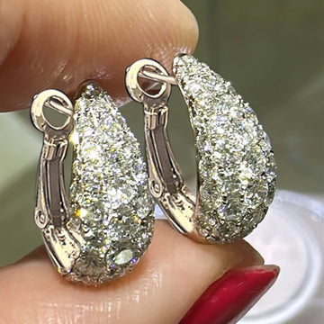 Silver Tone Crystal Pave Teardrop Huggie Earrings Polished Statement Fashion Jewelry