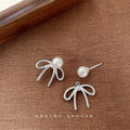 Silver Wire Bow Detachable White Pearl Stud Earrings view 1