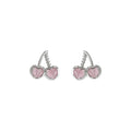 Silver-Tone Pink Cat Eye Glass Cherry Stud Earrings view 5