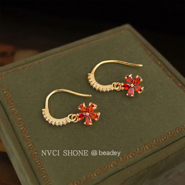 Gold Tone Red Orange Flower Drop Earrings Clear Hook Pavé
