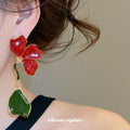 Red Flower Drop Earrings with Speckled Green Leaves view 3