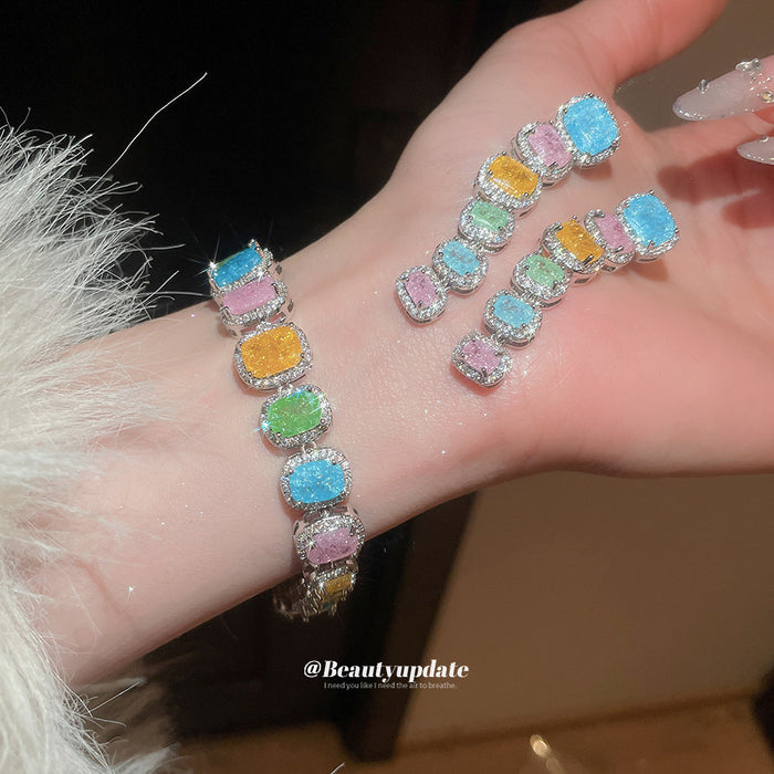 Multicolor Cushion Crystal Drop Earrings And Link Bracelet