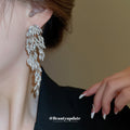 Silver Tone Crystal Leaf Chandelier Earrings With Long Fringe view 3