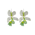 White Sheer Petal Green Bead Cluster Long Hook Earrings view 6
