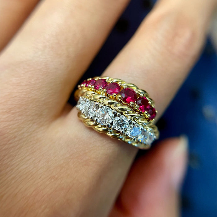 Gold Dual Twisted Rope Ring Ruby Red Clear Crystal Rows