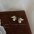 Gold-Tone Triple Bar Pearl Drop Stud Earrings Clear Stones view 1