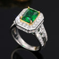 Green Emerald Cut Halo Three Band Ring Set With Clear Crystal Accents view 3