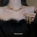 Gold Geometric Multicolor Square Crystal Necklace Drop Earrings view 2