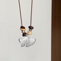 Brown Cord Long Necklace With Silver Tone Ginkgo Leaf Pendant view 4