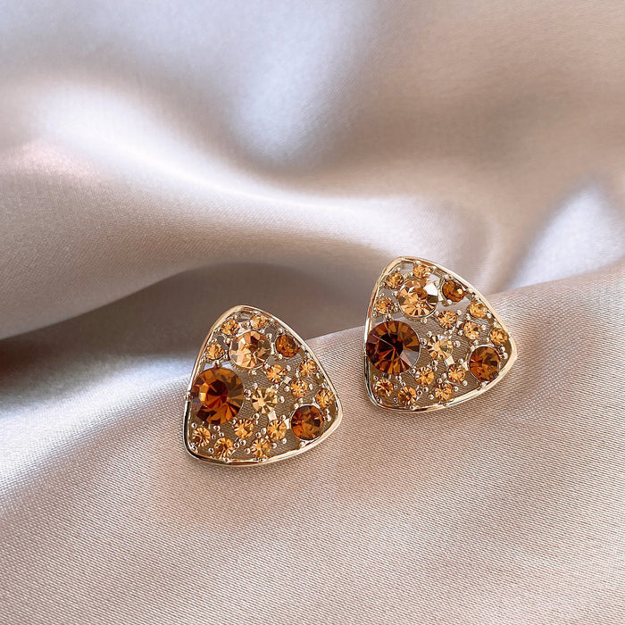 Gold Tone Brown Crystal Triangle Stud Earrings Fashion Jewelry