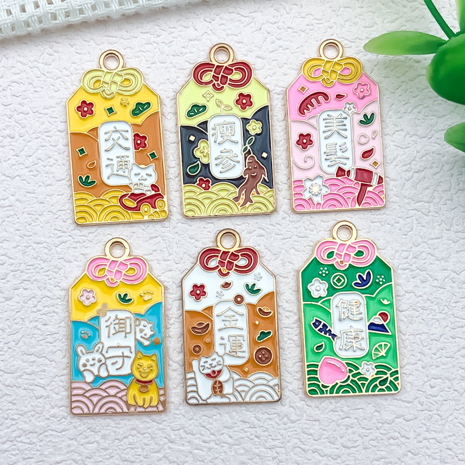 K Gold Zinc Alloy Japanese Fortune Plaque Enamel Charm Pendant for DIY Earrings Keychain