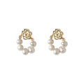 Gold Rose Stud Earrings Freshwater Pearl Open Loop view 5