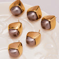 Gray Domed Square Stud Earrings in Polished Gold Tone view 3