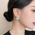 Gold White Enamel Openwork Camellia Pearl Stud Earrings view 1