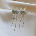 Silver Tone Blue Butterfly Earrings with Fine Chain Tassels view 6