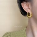 Gold Fluted Oval Stud Earrings Brown Banded Cabochon view 2
