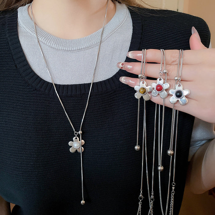 Silver Tone Flower Lariat Necklace With Pearl Accents