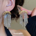 Gold Tone Crescent Earrings with Cascading Crystal Fringe view 4