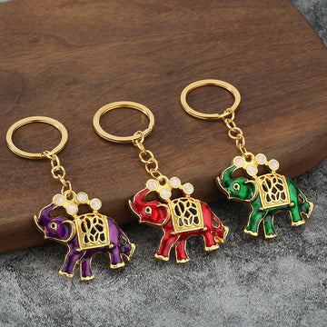Gold Tone Metal Elephant Keychain With White Accents, Six Colors