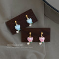 Blue And Pink Flower Bud Pearl Like Drop Earrings In Two Styles view 3