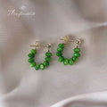 Gold Tone Green Beaded Small Hoop Stud Earrings For Women view 1