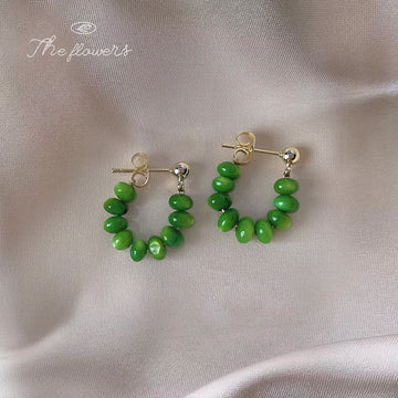 Gold Tone Green Beaded Small Hoop Stud Earrings For Women